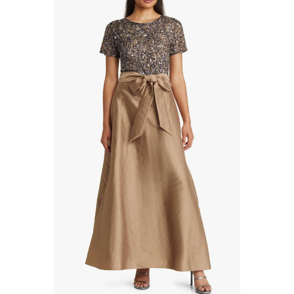 Pisarro Nights Beaded Bodice Mixed Media Gown In Mocha Size 12